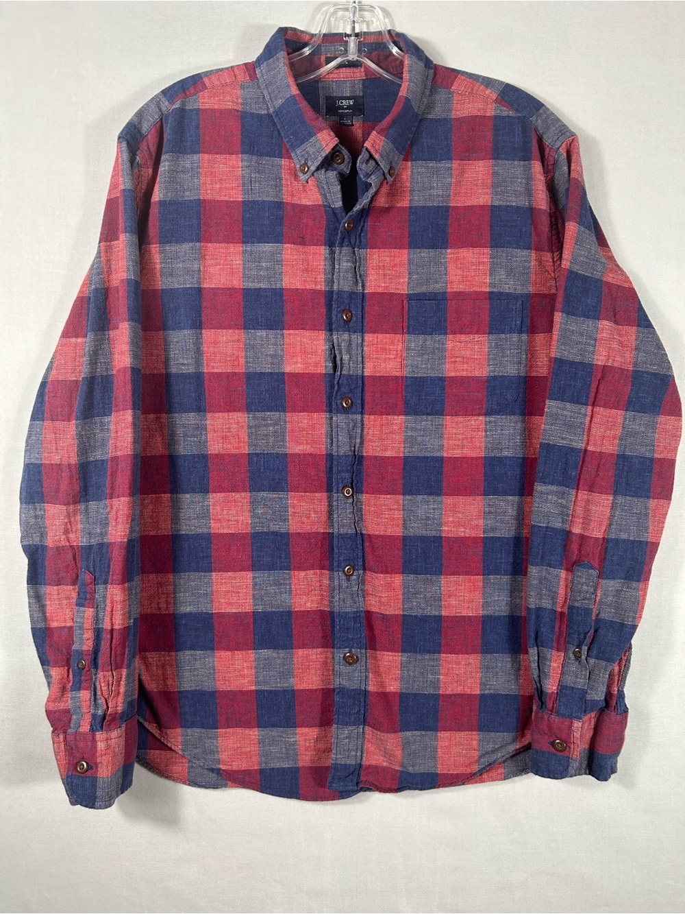 J.Crew Men Slim Fit Shirt Large Navy Red Plaid Buffalo Checkered Cotton